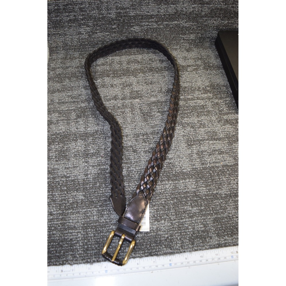 Cole Haan LUCIANO Black Braided 1.25" Dress Leather Belt Size 34 Brass Buckle